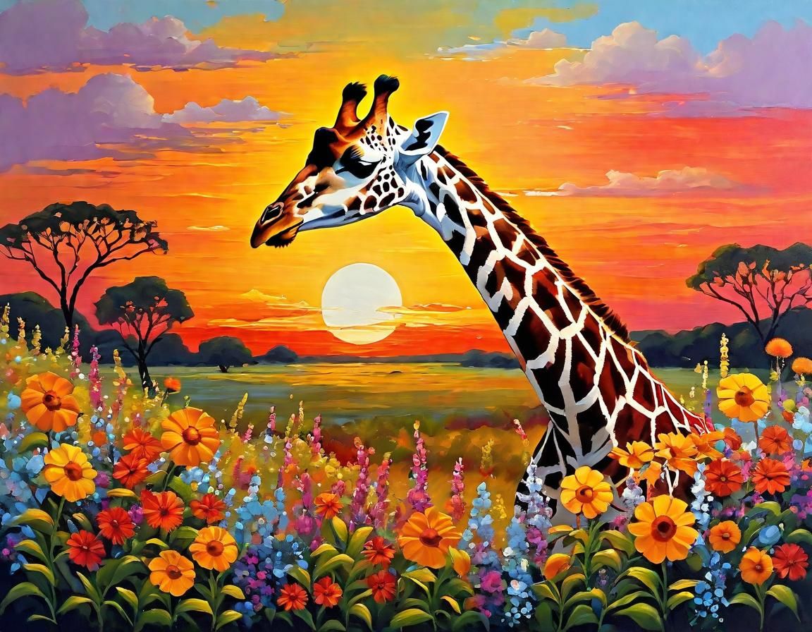 Impressionistic Giraffe in Floral Sunset