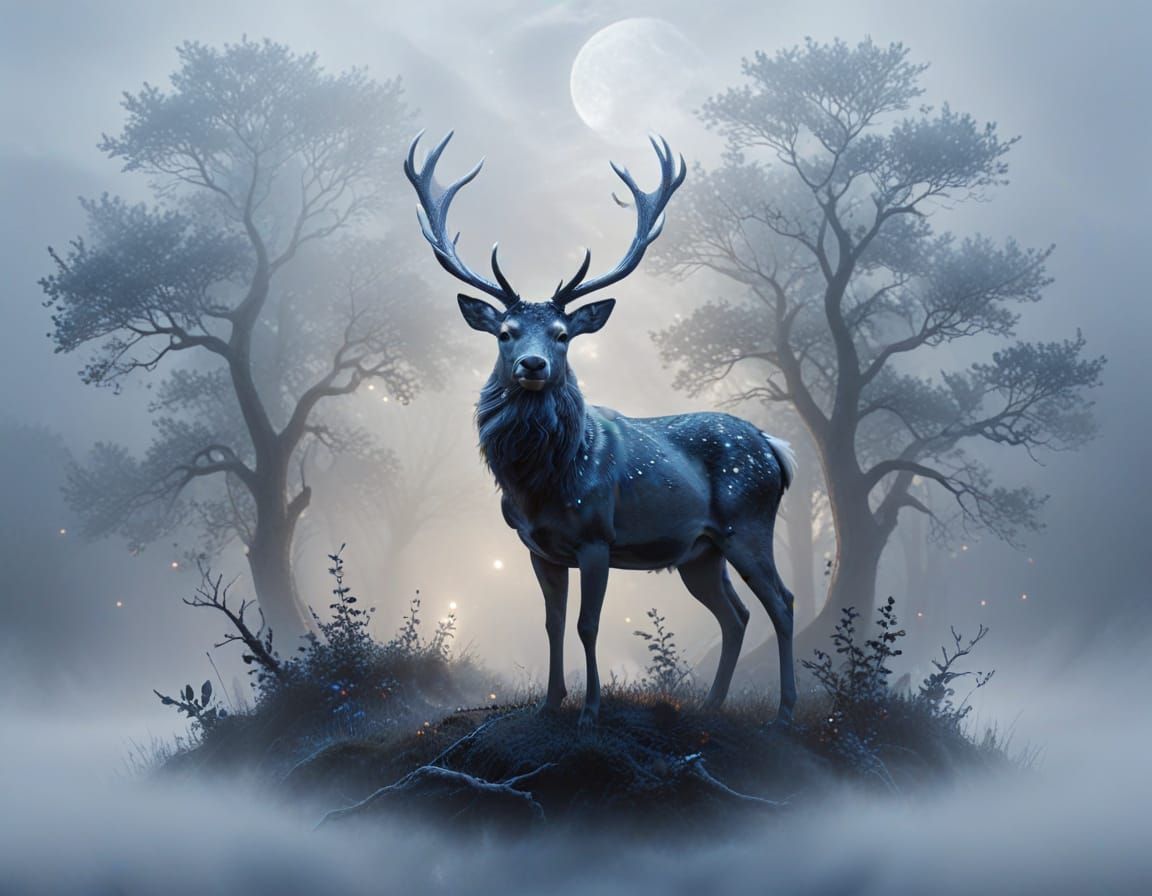 Stag With Luminous Antlers in Moonlit Foggy Clearing