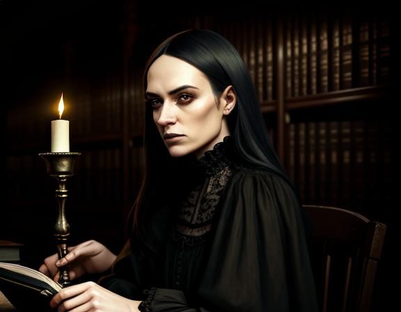 Gothic Woman in Dimly Lit Library, Digital Art