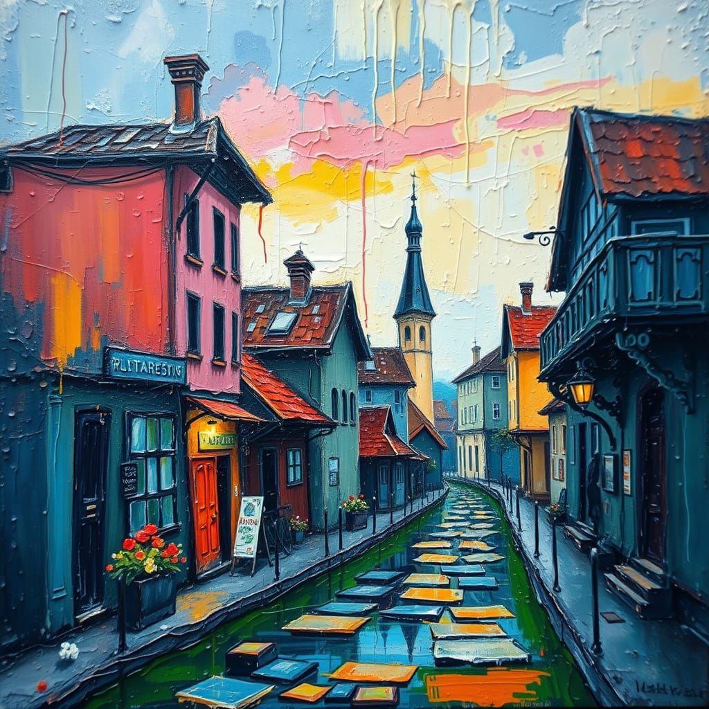 Vibrant Neo-Impressionist Town Scene