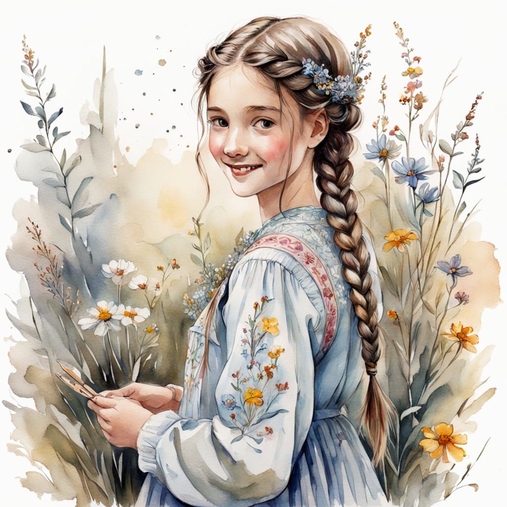 Smiling Girl with Braids in Folk Dress, Aquarelle Sketch