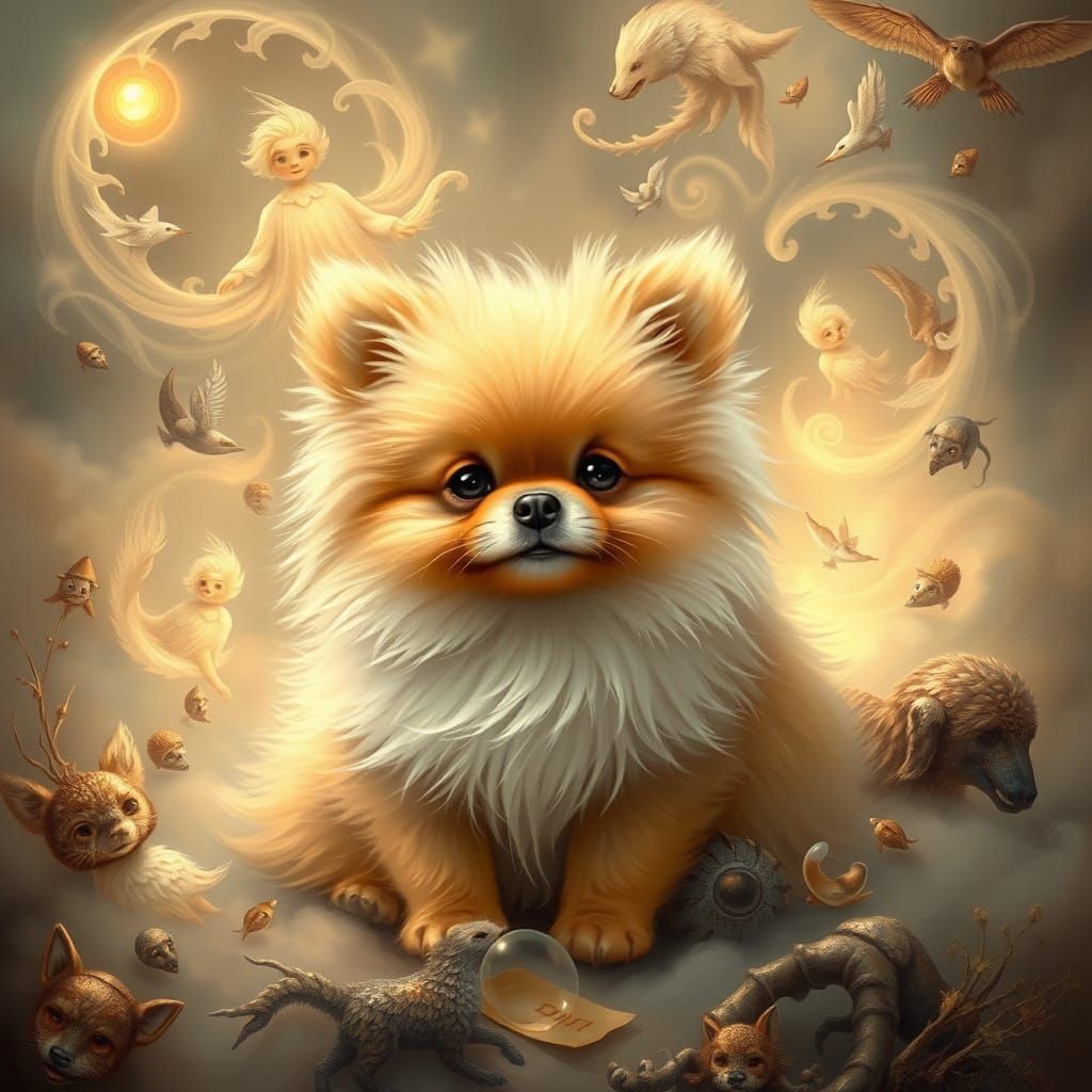 Idyllic Pomeranian Surrounded by Whimsical Fantasy