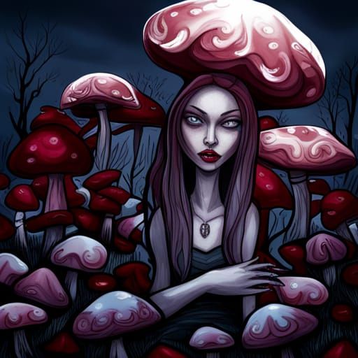 Eerie Gothic Princess in a Crimson Rose Garden