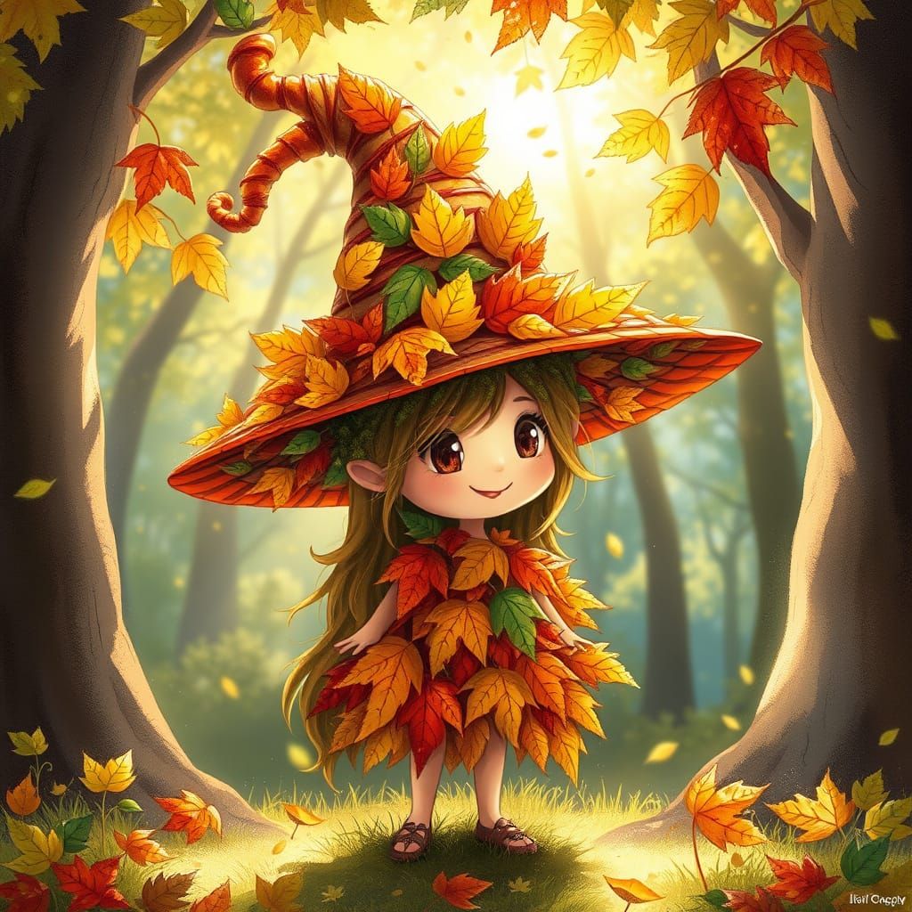 Autumn Leaf Hat Worn By Forest Sprite Illustration