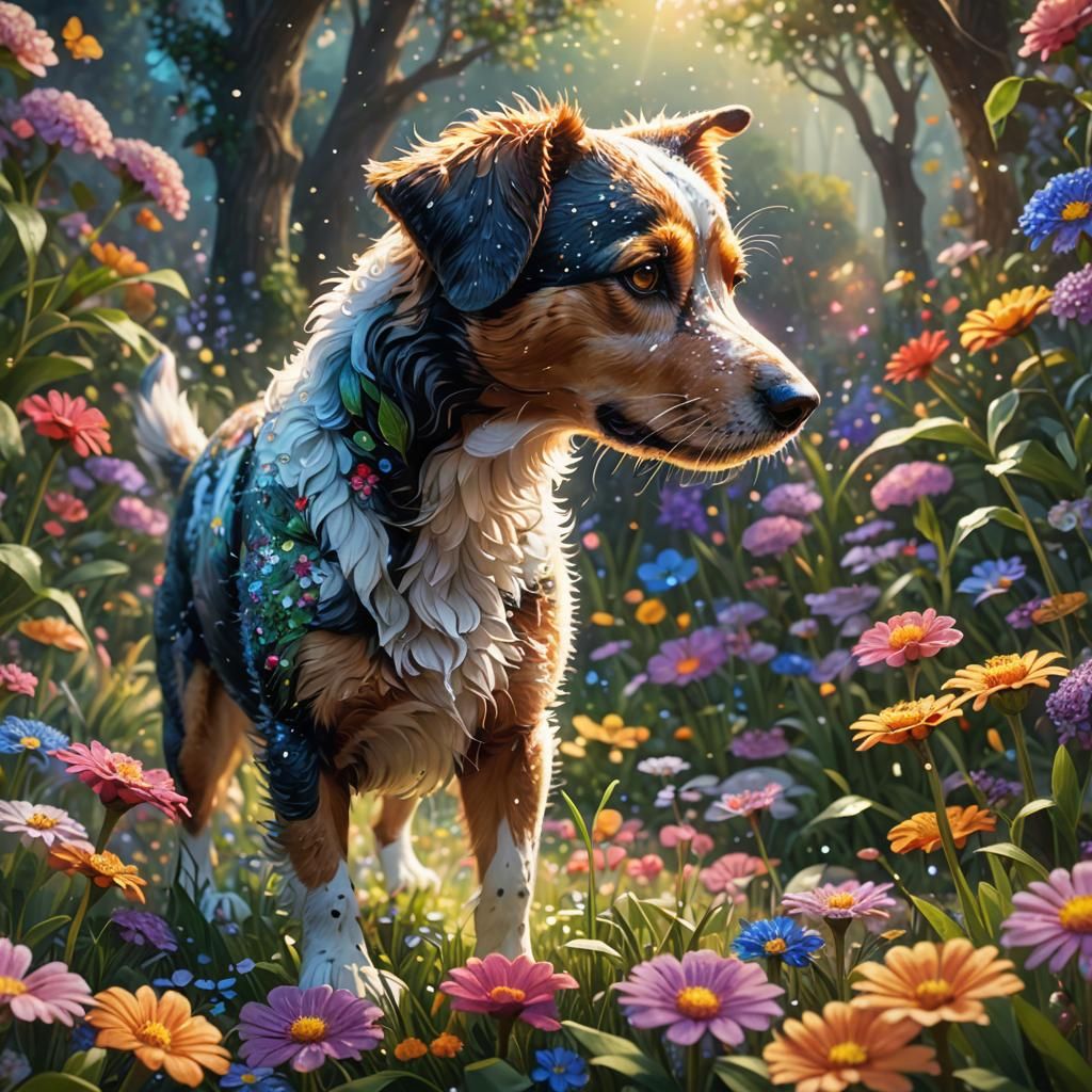 Dog Sniffing Flower in Pointillism Magical Garden