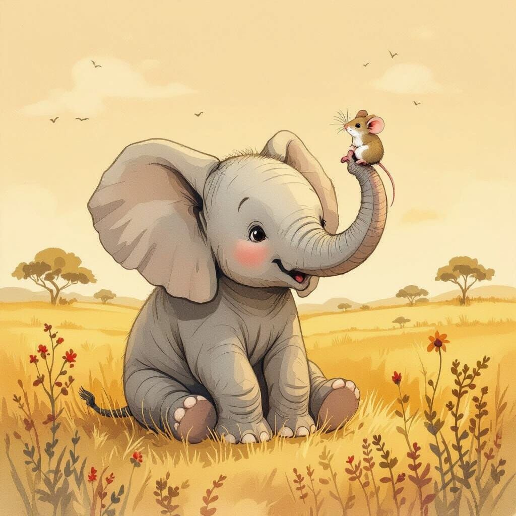 Elephant Gently Holds Mouse in Golden Savannah