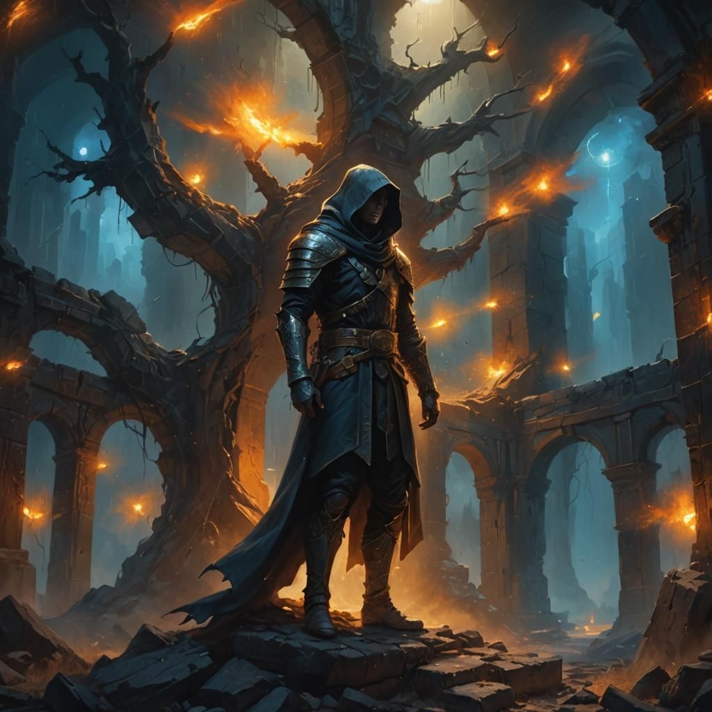 Hooded Figure Before Ancient Doorway, Oil Painting