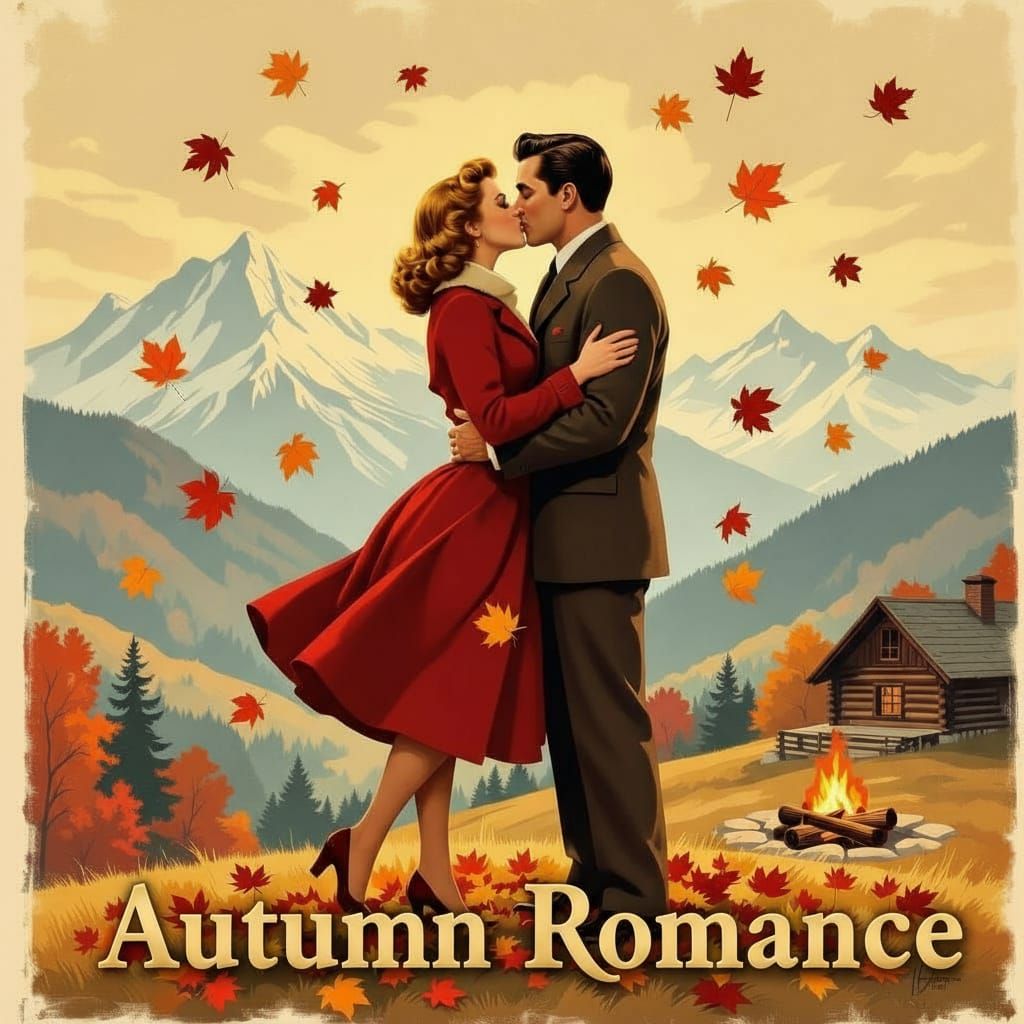 1950s Autumn Romance Film Poster with Kissing Couple