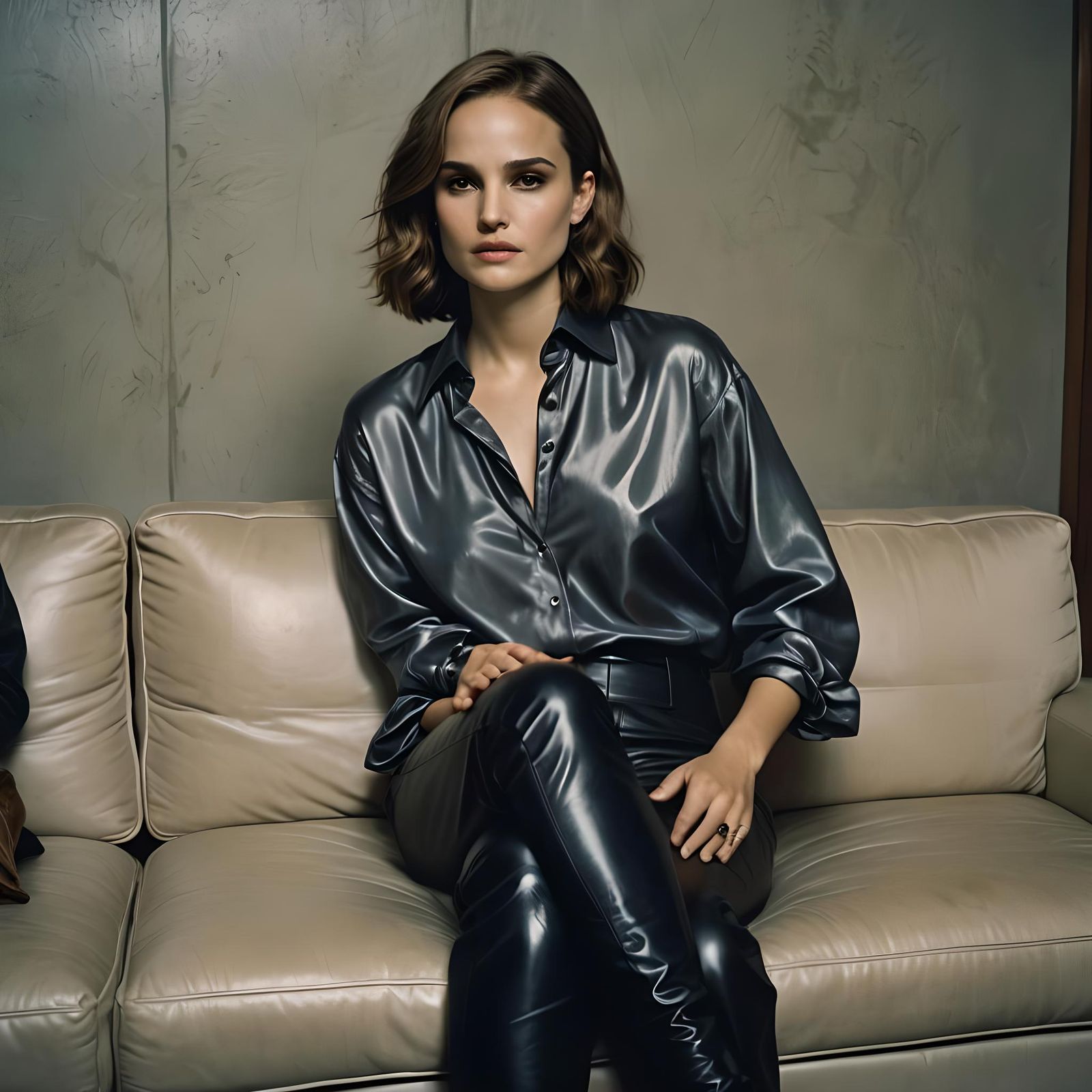 Natalie Portman in Leather: A Cinematic Film Still