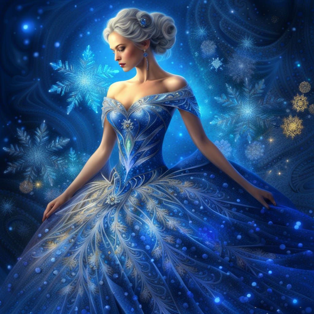 Sapphire Gown with Crystal Snowflakes: Digital Oil Painting