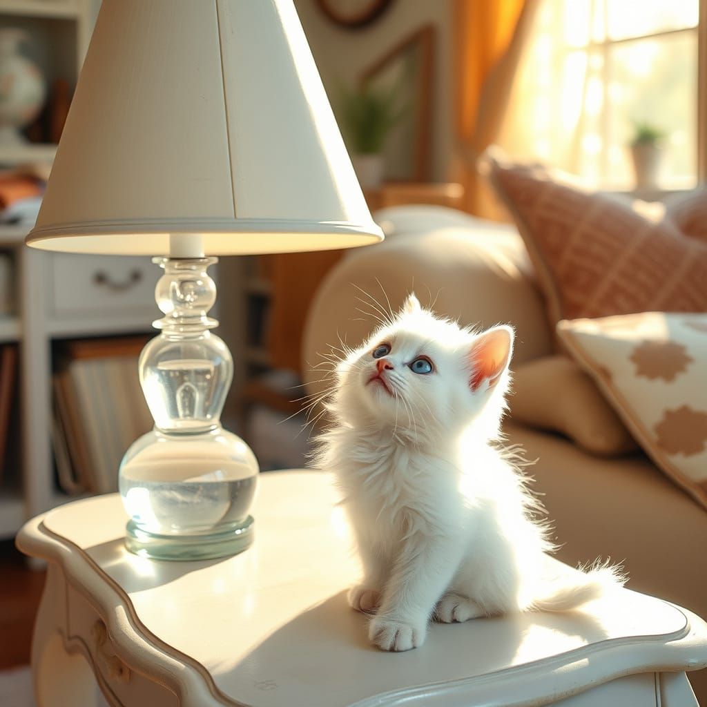 Kitten Gazing at Prism Lamp in Impressionist Style