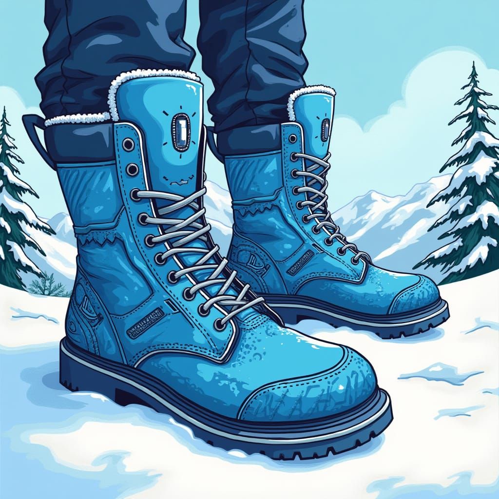 Man in Blue Mechanical Boots on Snowy Mountain