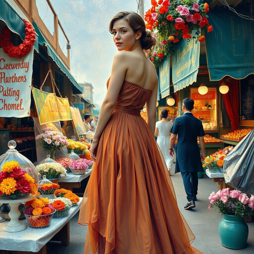 Elegant Woman in Vibrant Marketplace, Impressionistic Style