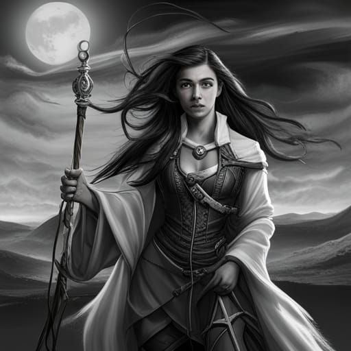 Fantasy Wizard with Staff in Black and White