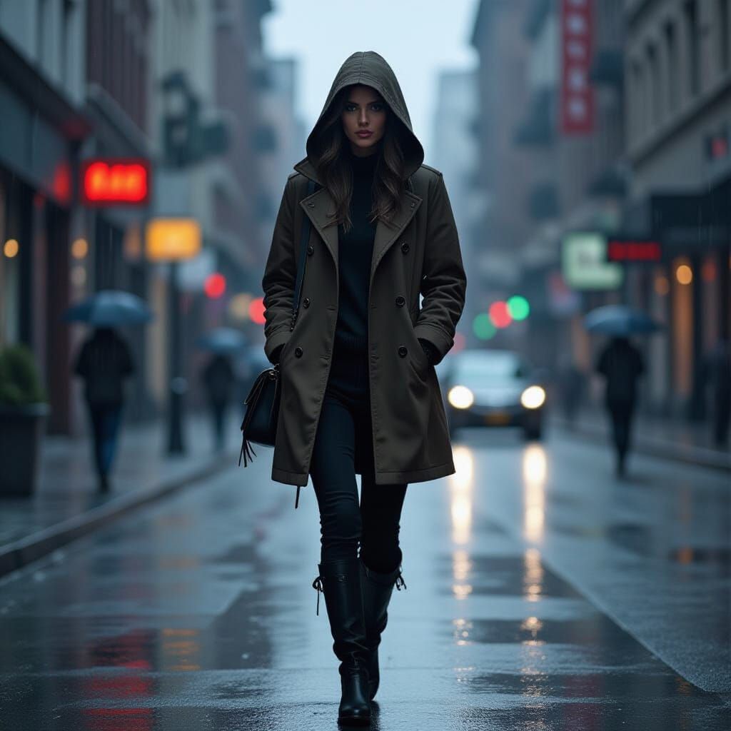 Rainy City Street Scene with Cinematic Shadows