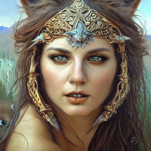Goddess with Wolves: Oil Painting
