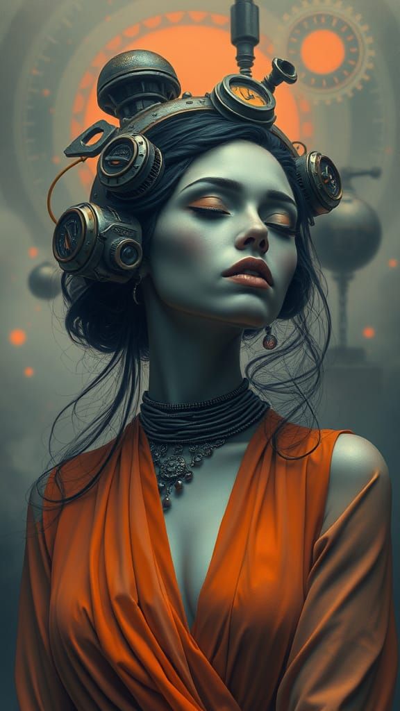Surreal Steampunk Goddess in Dreamlike Pastel Atmosphere