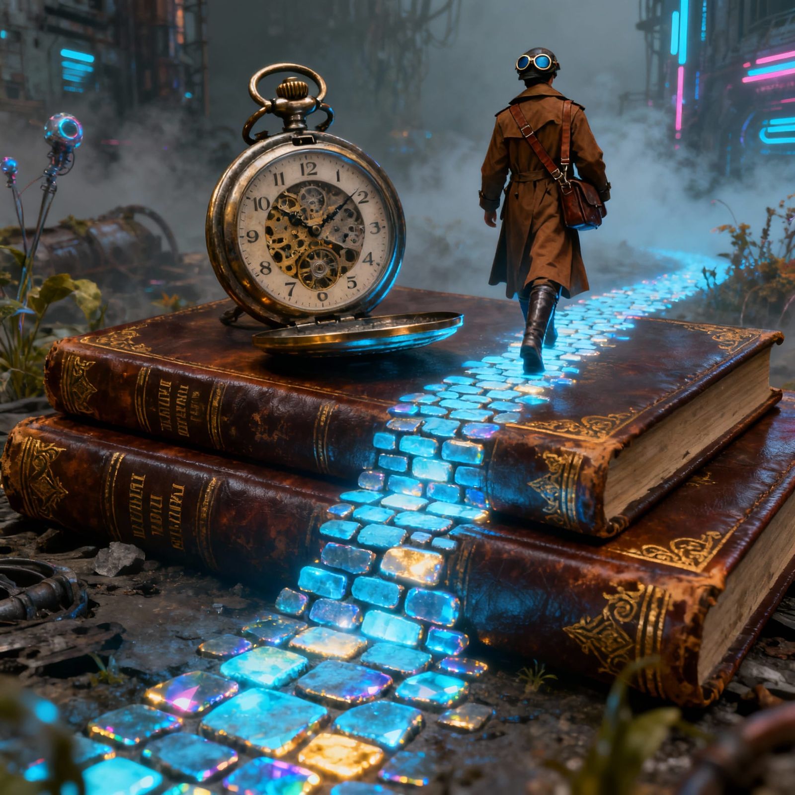 Lone Traveller on Glowing Path with Antique Pocket Watch