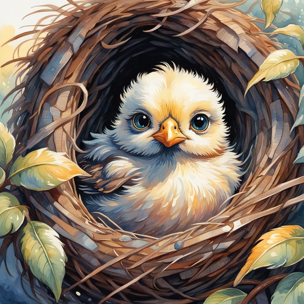 Watercolor Chick Welcoming Sunrise in Spring