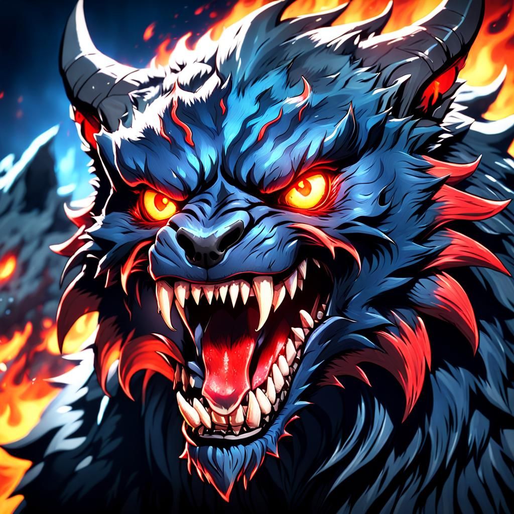 Mythical Hellhound Snarling Face, Anime Key Visual