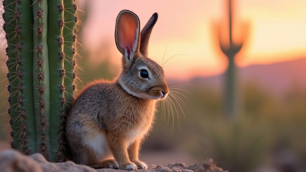 Jackrabbit at Dawn Near Saguaro Cactus