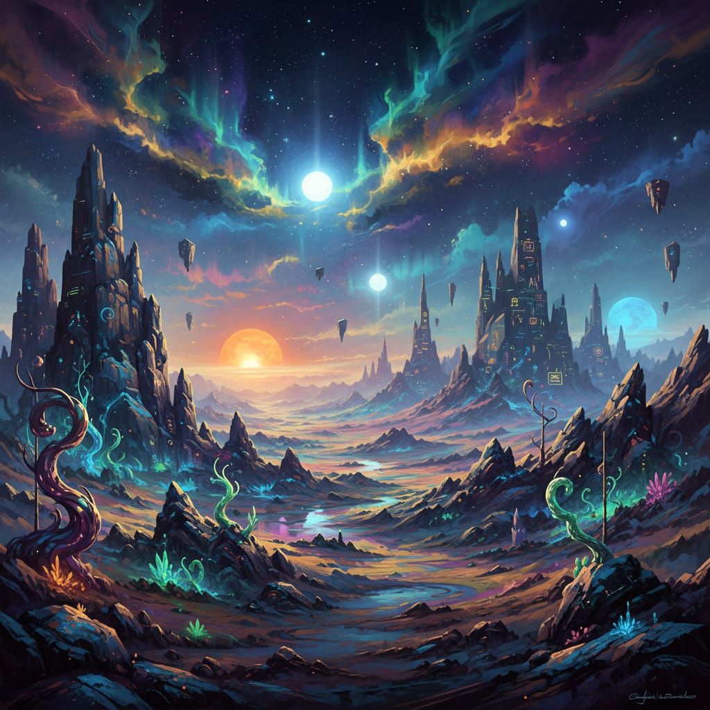 Alien Planet Rock Formations Under Three Suns