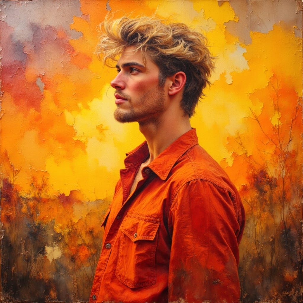 Handsome Man in Orange Shirt, Impasto Oil Painting