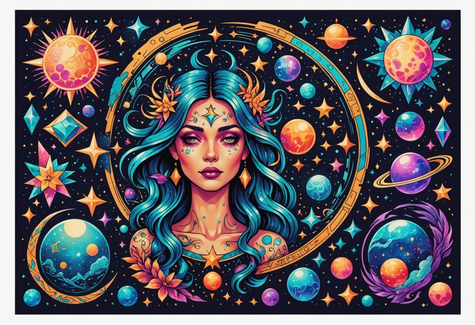 Cosmic Tattoo Flash Sheet in Astral Holographic Style