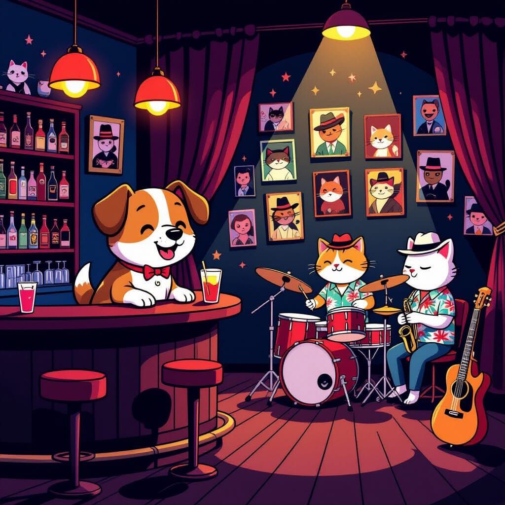 Cartoon Cats Play Jazz in Vibrant, Shadowy Club