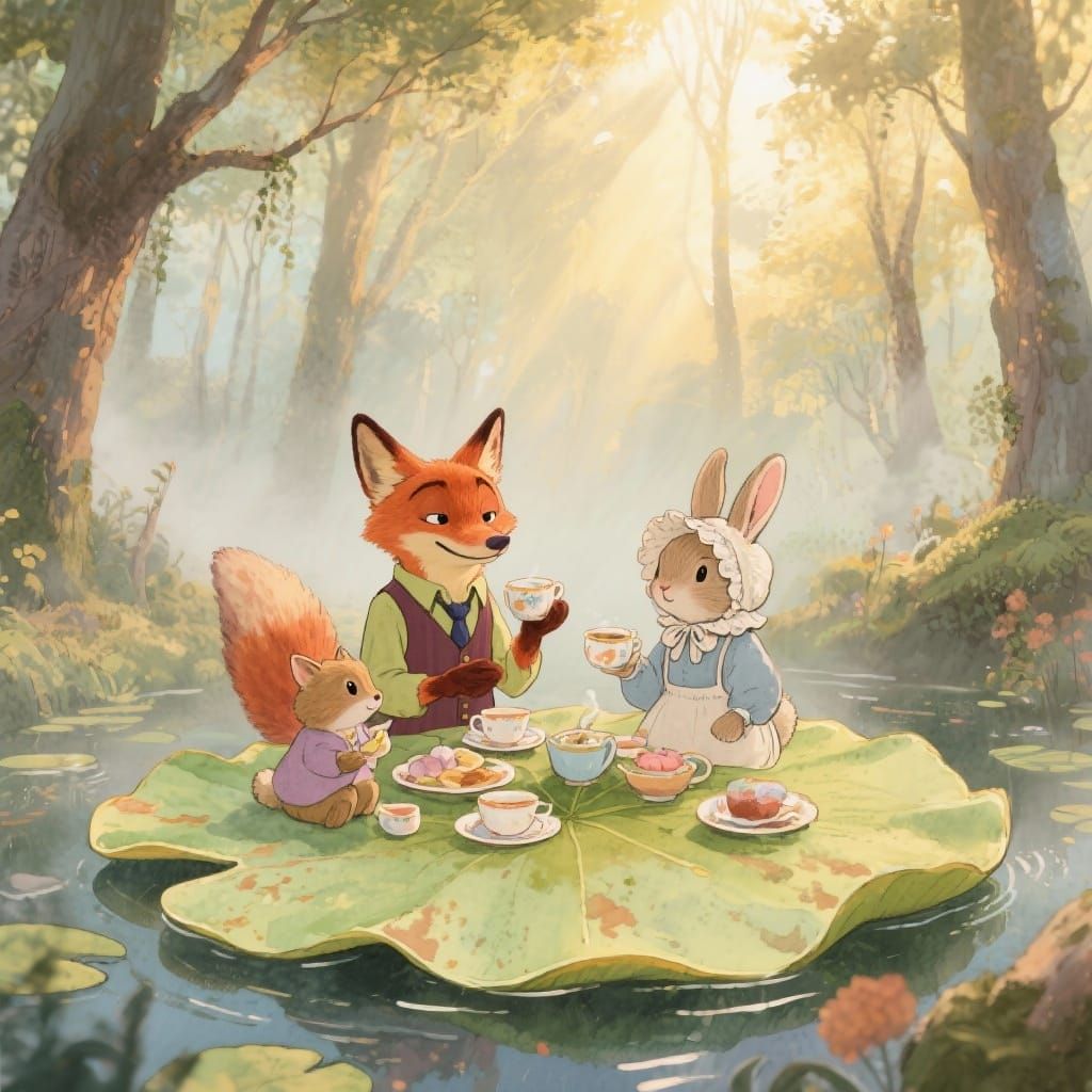 Woodland Creatures Tea Party on Floating Lily Pad