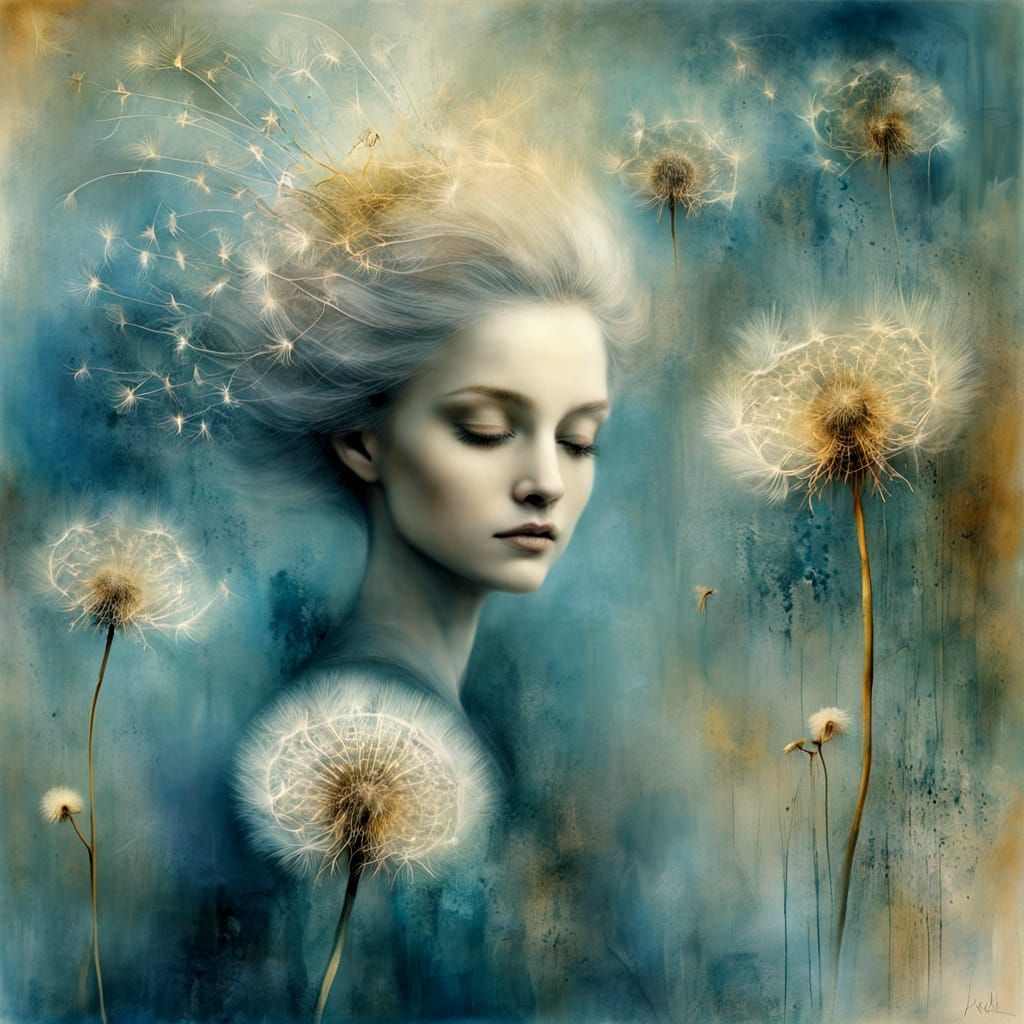 Surreal Dandelion Lady in Vintage Quattrocento Style