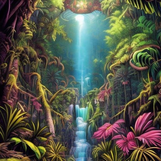 Lush Tropical Rainforest Ruins in Comic Book Style