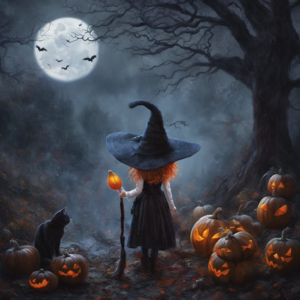 Macro Witch with Pumpkins and Black Cat