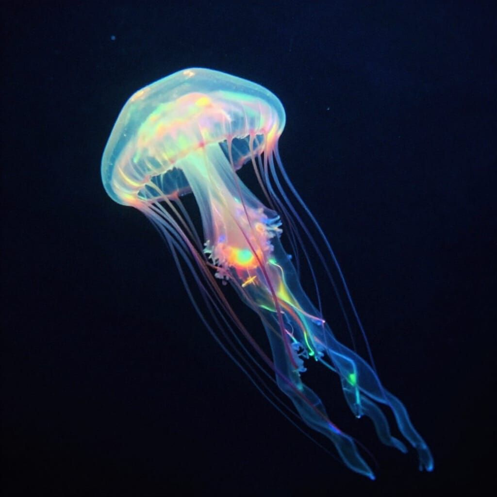 Bioluminescent Rainbow Jellyfish in Deep Ocean