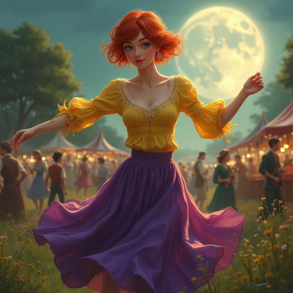 Hyper-Realistic Portrait of a Red-Headed Woman Dancing Under...