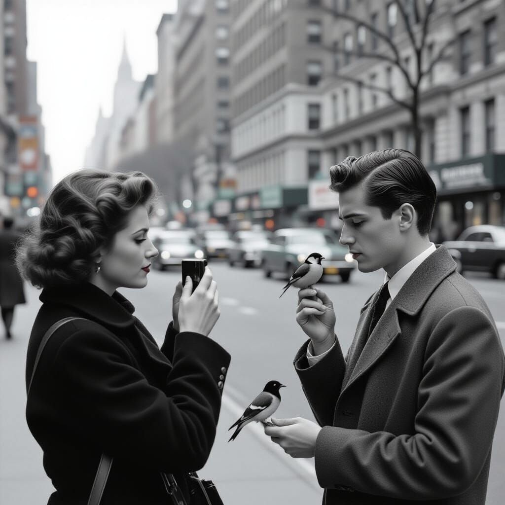 Black and White Photo of Man Feeding Birds, Arbus Style