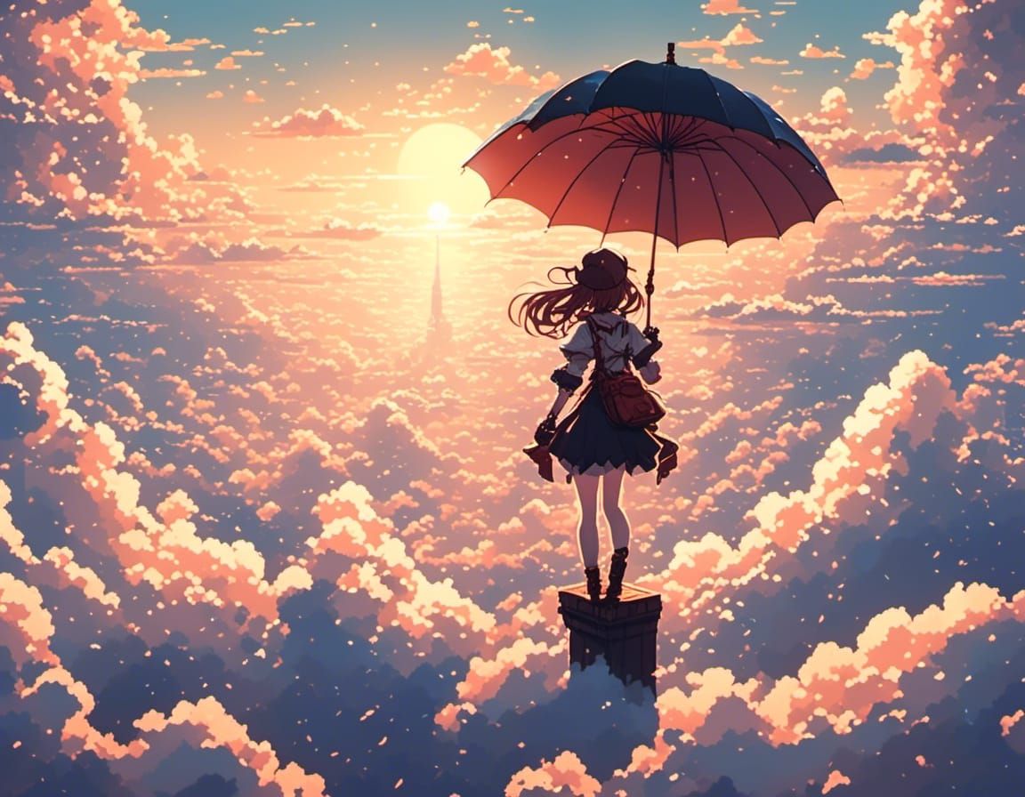 A Young Anime Girl Soars Above the Clouds at Sunrise