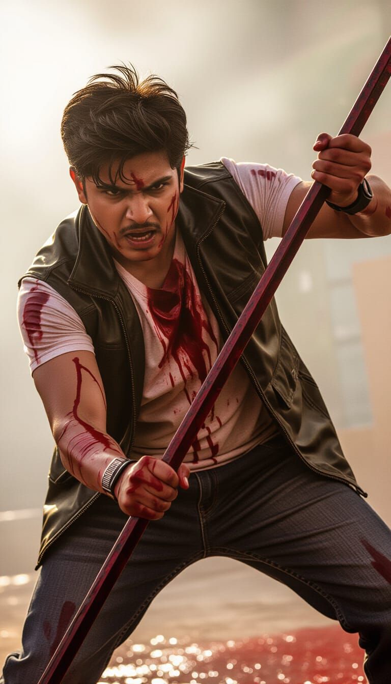 Intense Action Movie Poster with Bloodied Actor