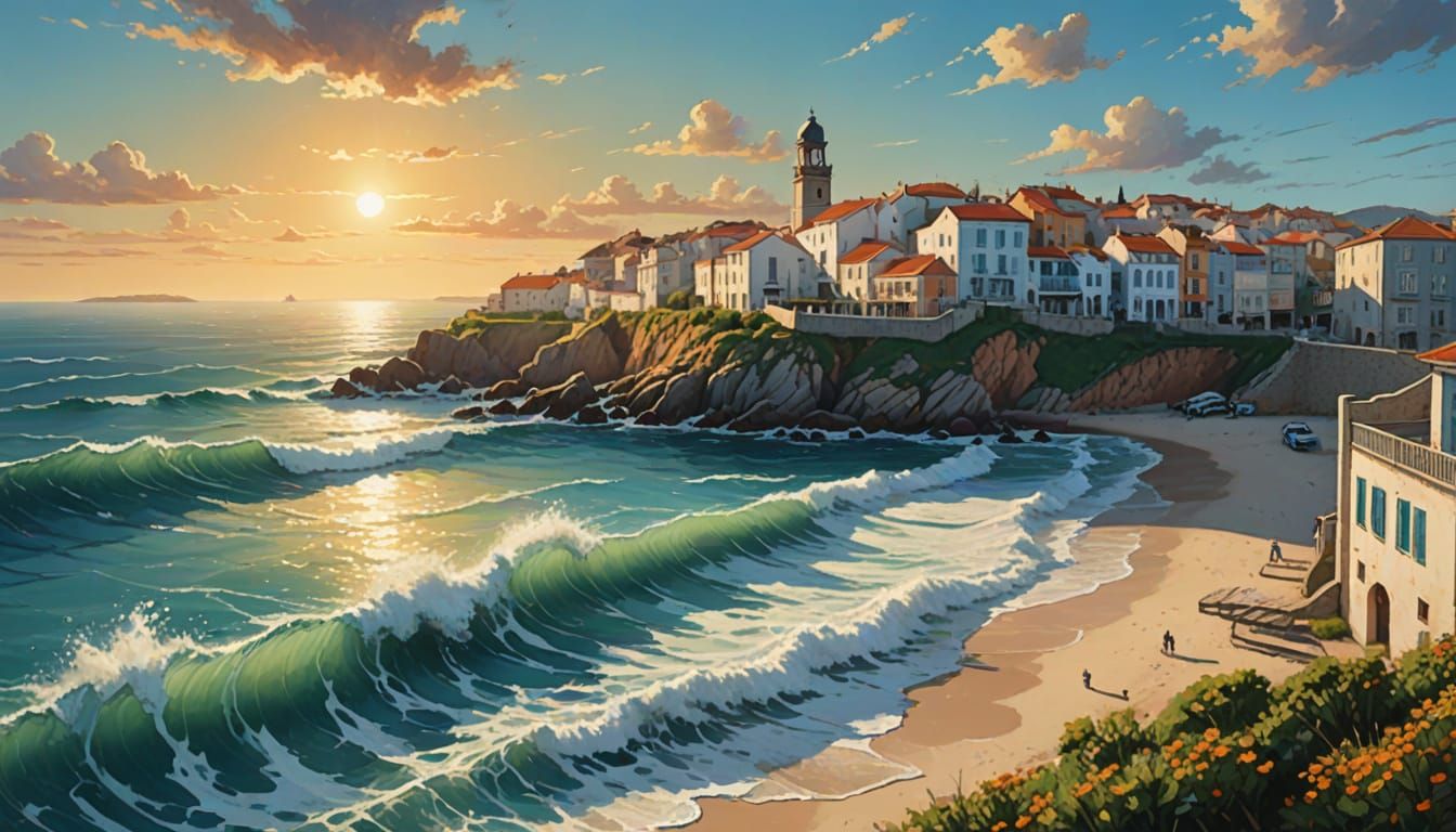 Coastal Portuguese Town in Surrealist Oil Painting