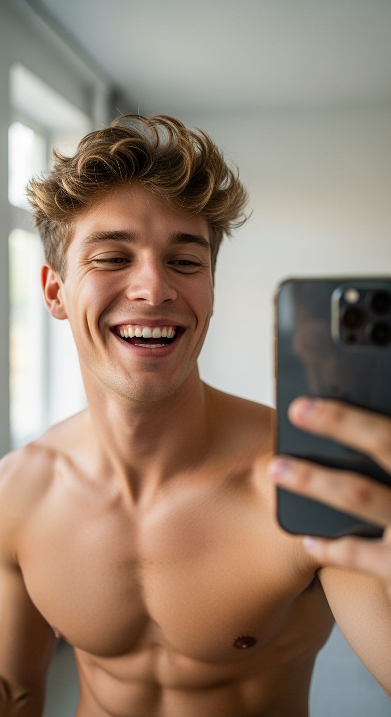 Muscular Man's Joyful Selfie in Bright Interior