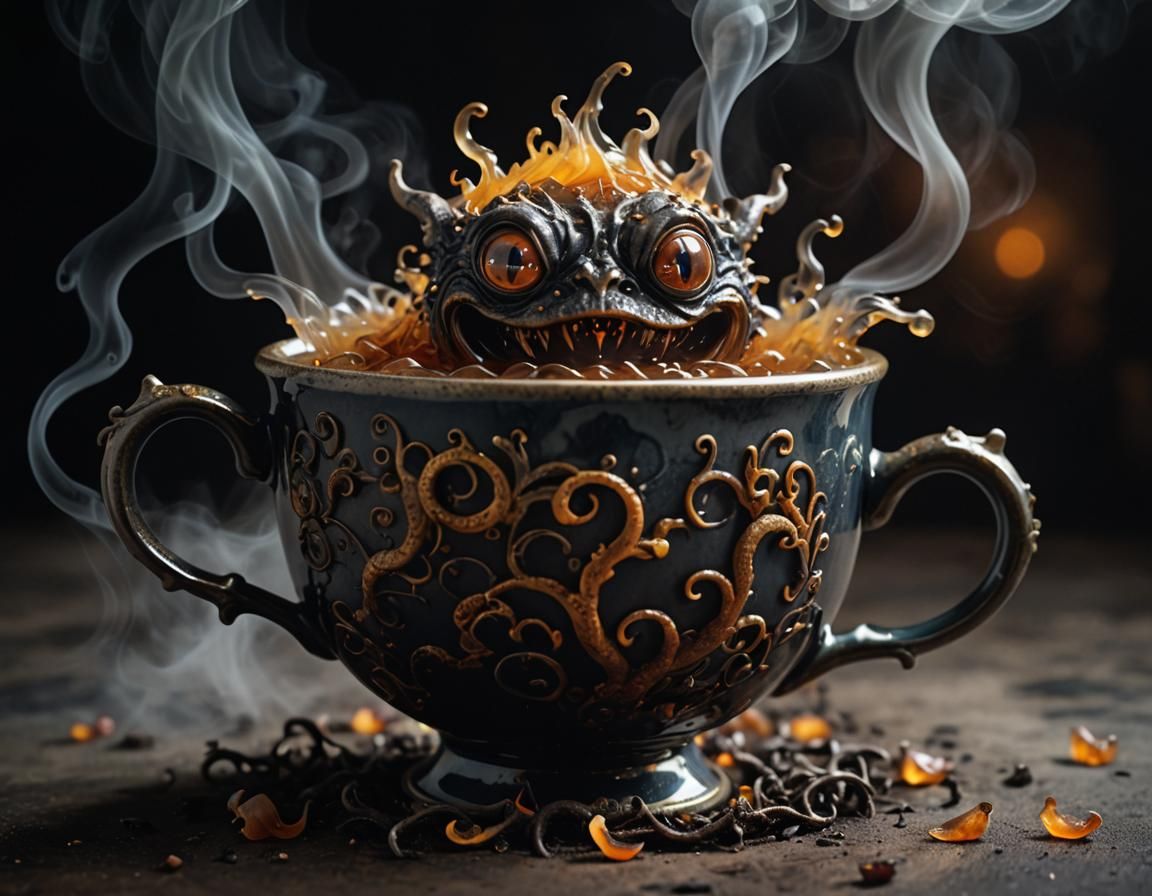 Eerie Creature Lurks in Murky Teacup: Dark Fantasy