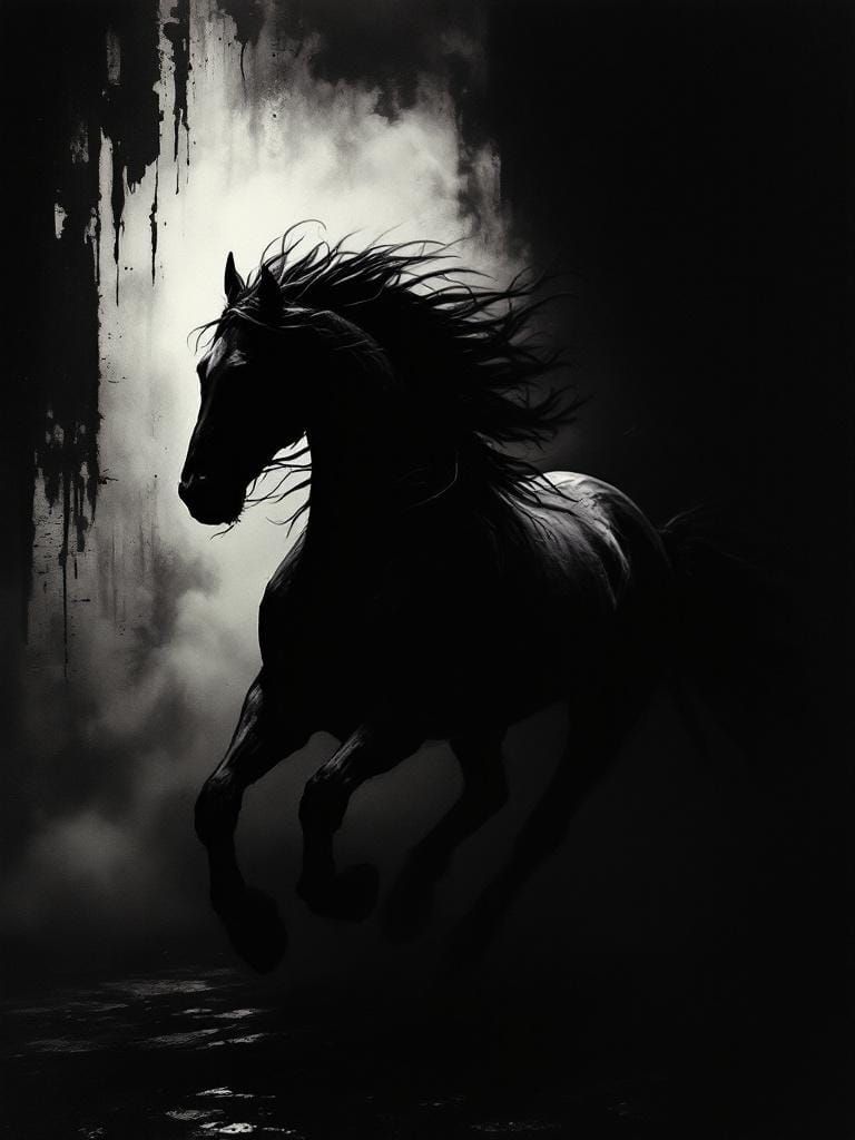 Horse in Dramatic Gothic Setting with Theatrical Shadows