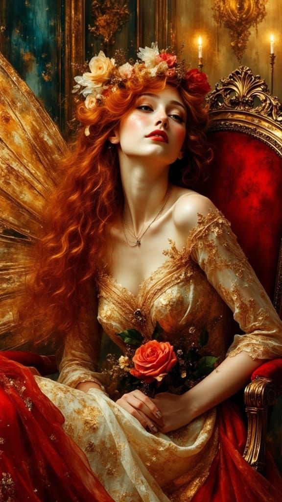 Steampunk Fairy in Opulent Castle, Oil on Canvas