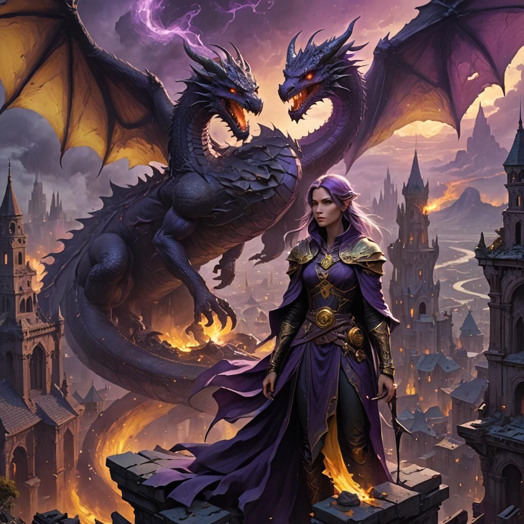 Sorceress Summoning Dragon in Ruined City