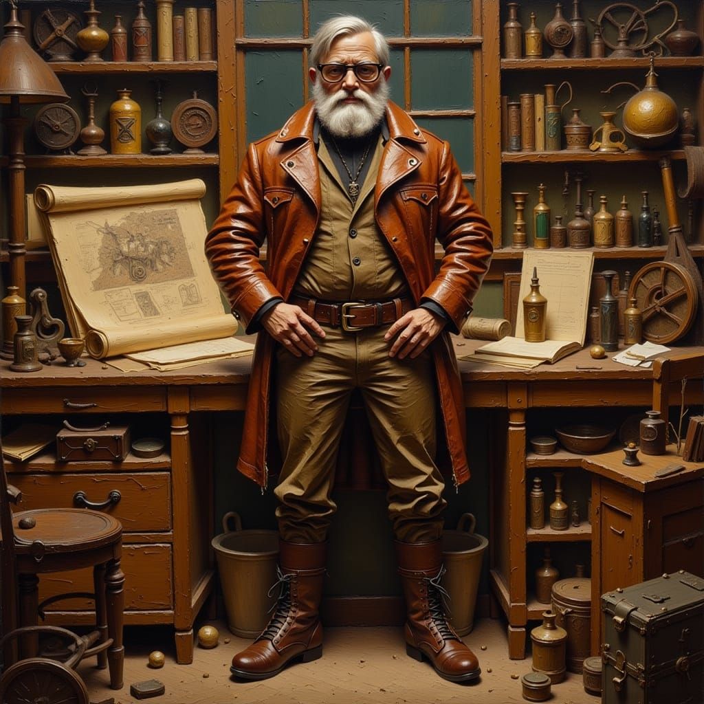 Steampunk Inventor in Workshop, Classical Painting Style