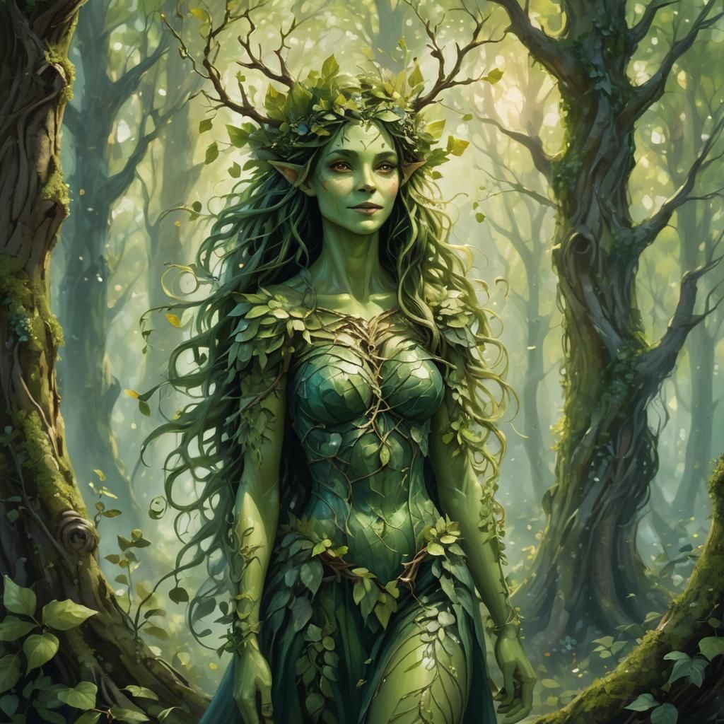 Mischievous Green Dryad Portrait in Whimsical Oil Painting