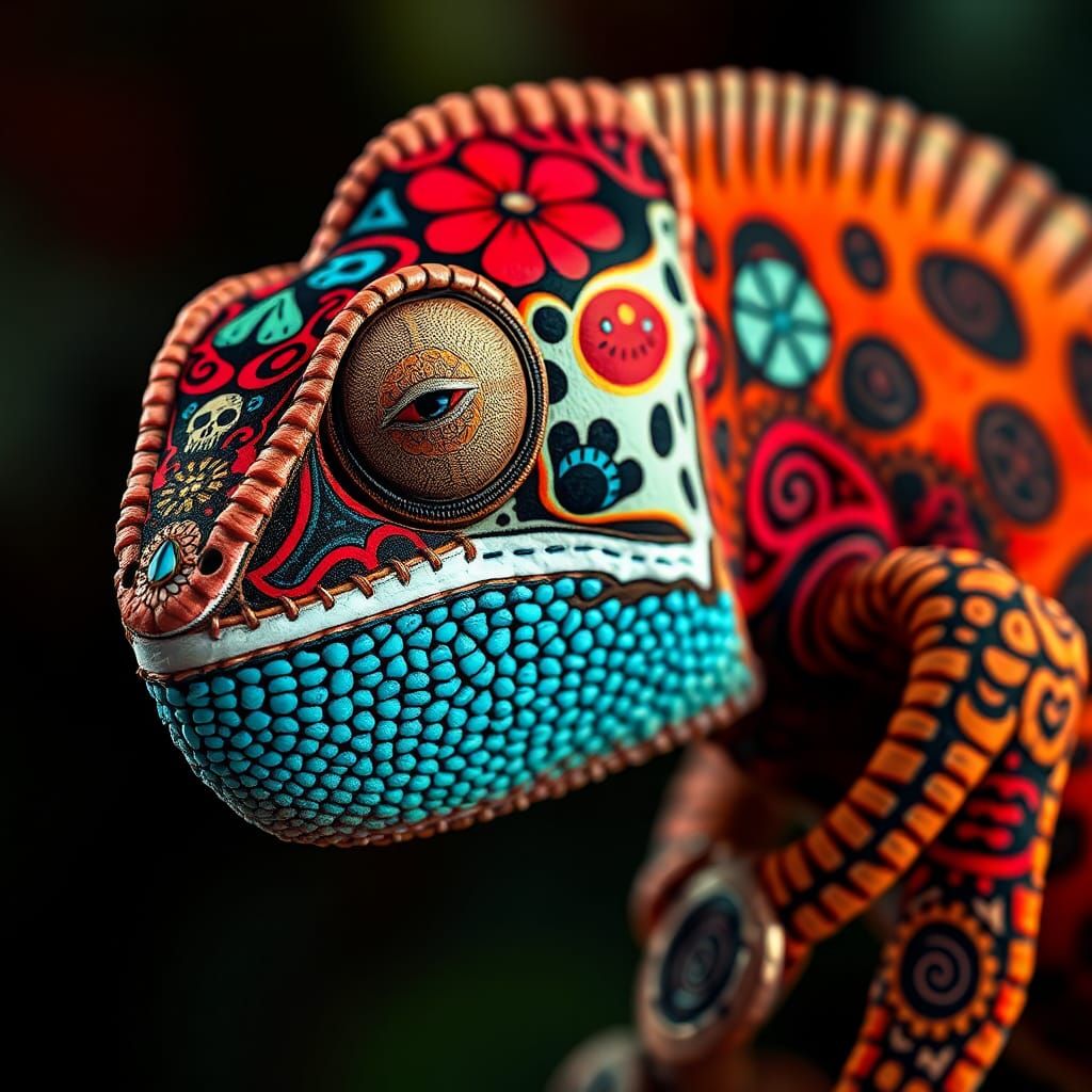 Chameleon as Mexican Catrina in Digital Art Style