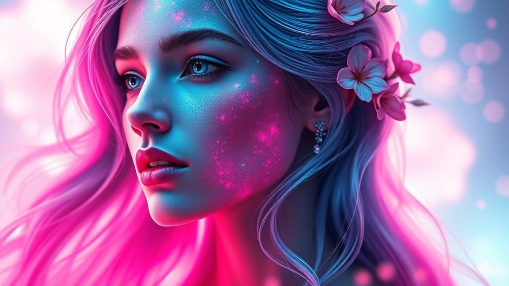 Serene Cosmic Goddess with Nebula Skin and Iridescent Hair