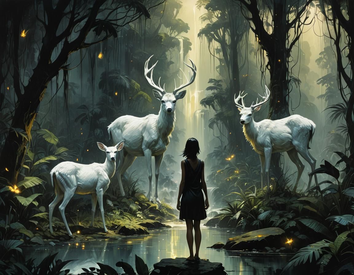Ethereal Deer in Jungle, Oil Painting