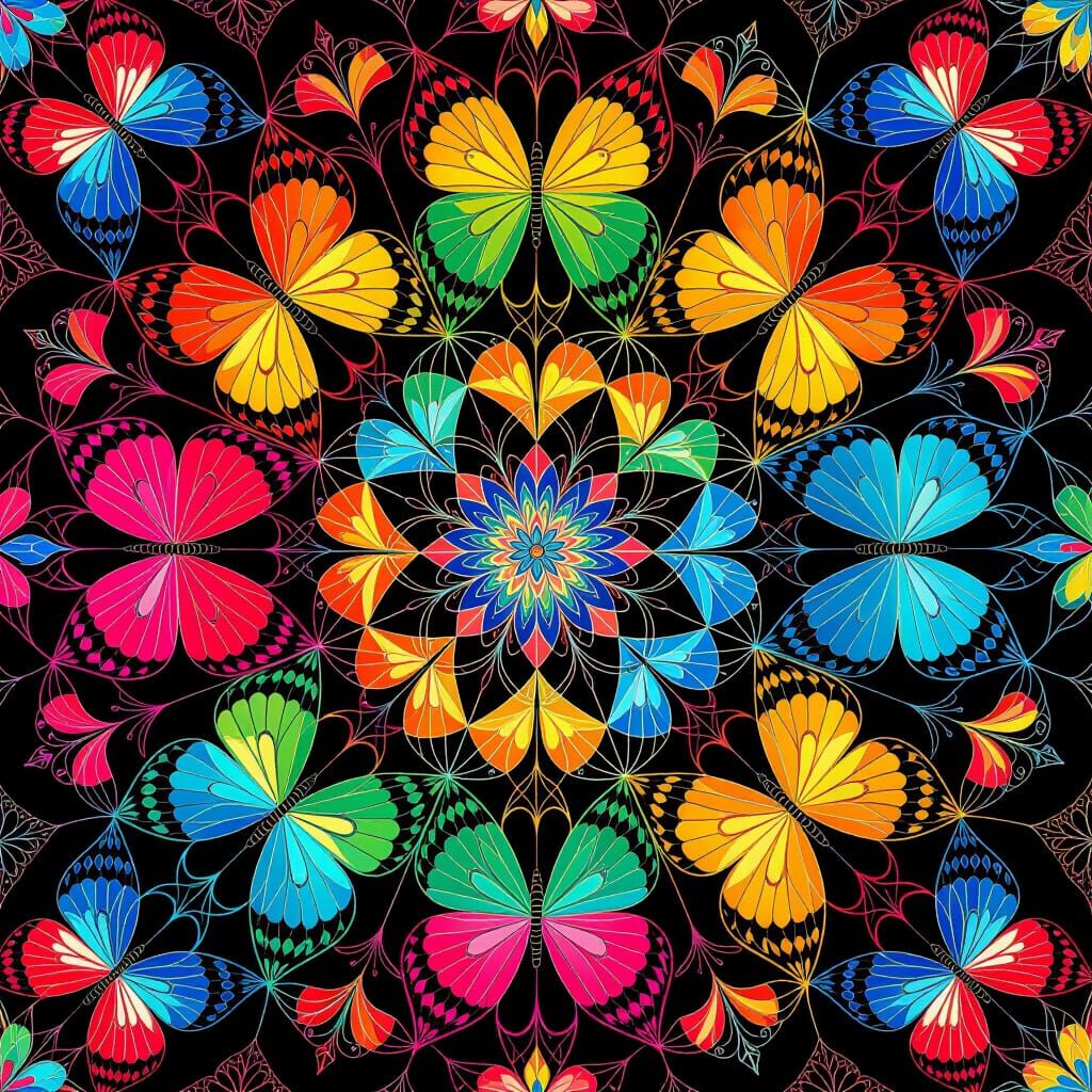 Kaleidoscope of Psychedelic Butterflies in Fractal Art Style